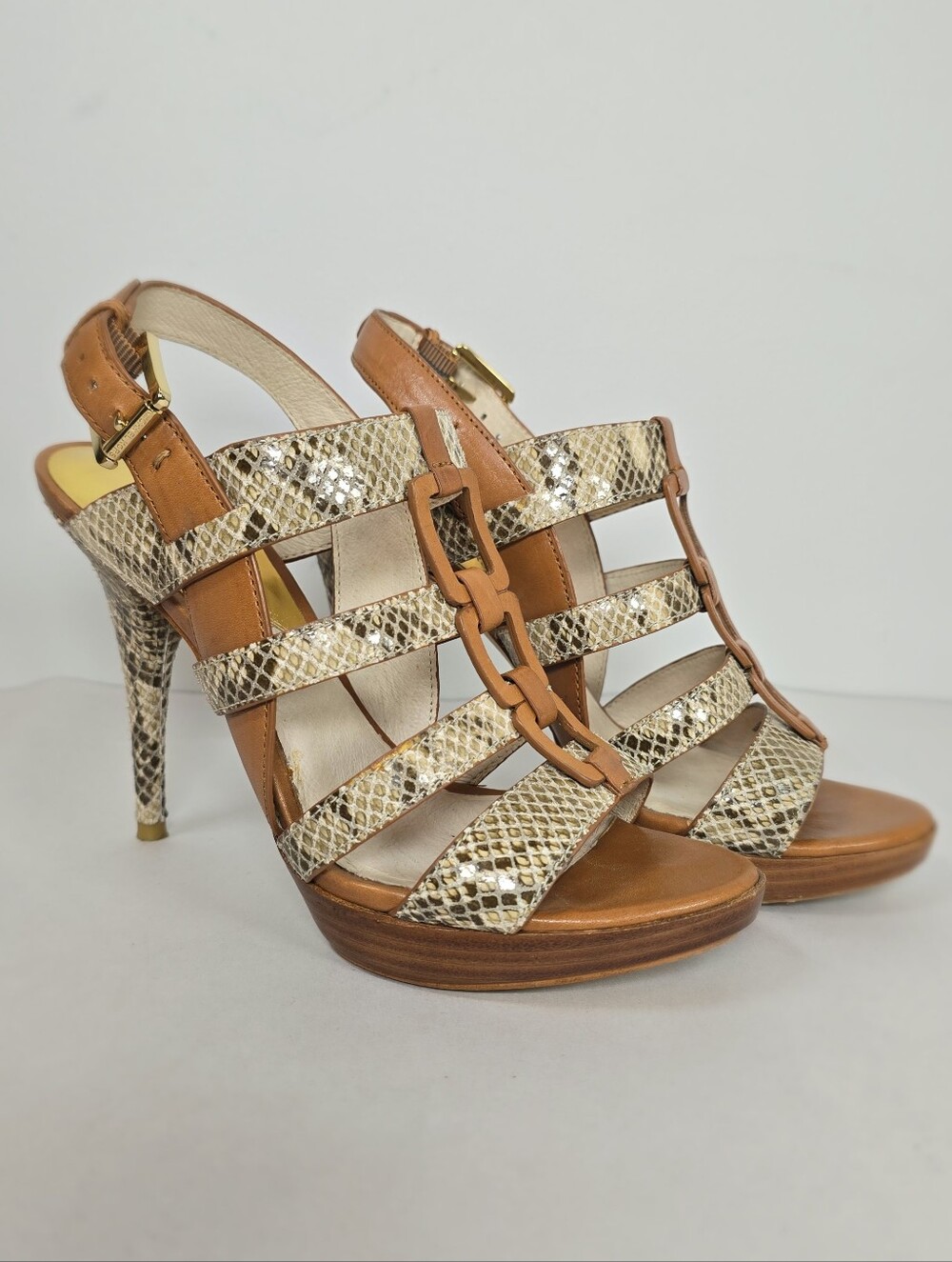 Michael Kors Tan and Snake-Print Strappy High Heel Plateform Sandals